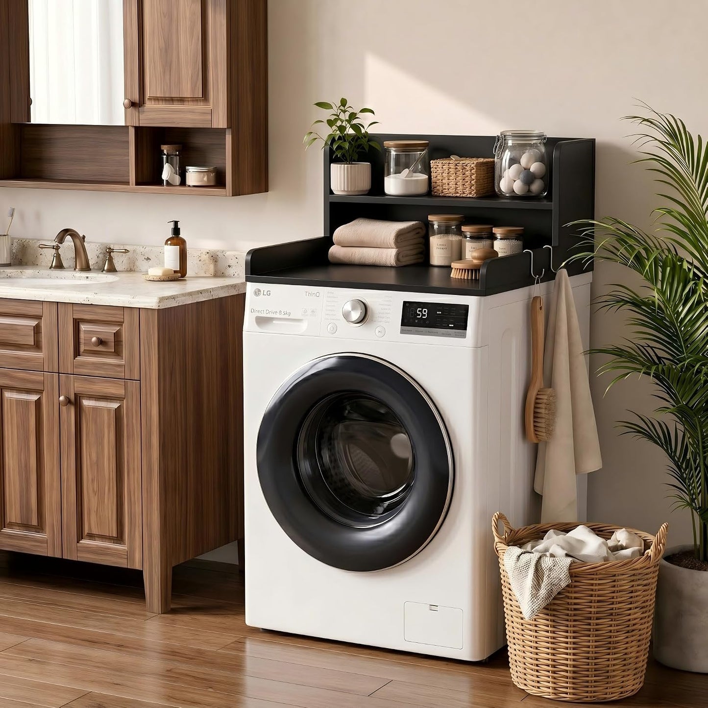2-Tier Washer Dryer Countertop with Shelves & Metal Hooks, 27" W x 27.5" D Large Laundry Topper for Room Organization & Folding Clothes & Storage(Oak)