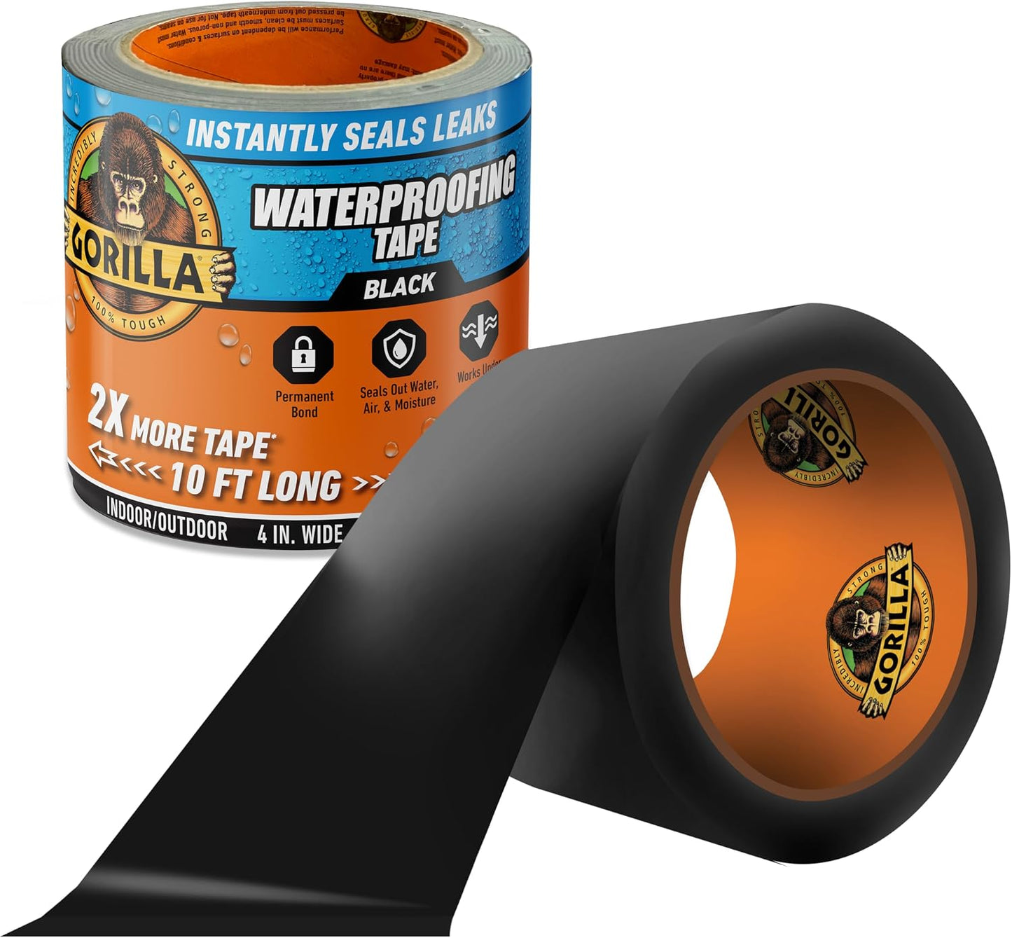 GORILLA Waterproofing Tape, Permanent, Black, 4" x 10', 1-Pack | Weather Resistant Seal for Leaks & Repairs, Air & Moisture Barrier, Bonds Metal, Plastic, Wood, Rubber & Vinyl