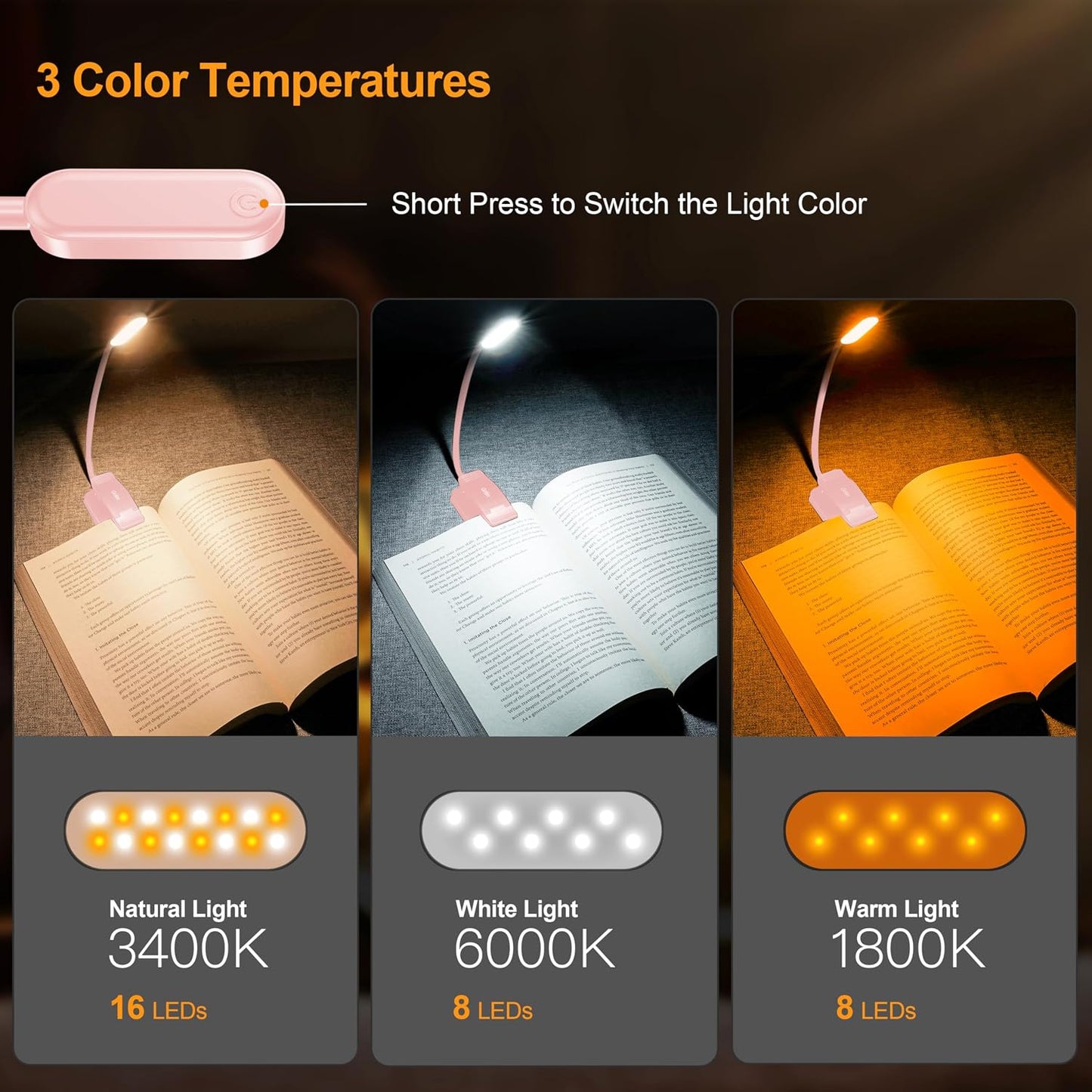 Gritin 16 LED Rechargeable Book Light for Reading in Bed | Eye Caring 3 Color Temperatures,Stepless Dimming Brightness,80 Hrs Runtime,Lightweight Flexible Clip on Light for Book Lovers