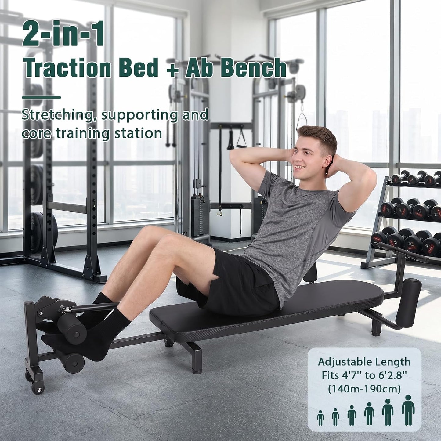 Full Body Traction Table, Adjustable Massage Cervical Traction Bench, Portable Lumbar Stretcher Bed, Home Spine Stretcher Bench for Tension Relief, Lumbar Stretching, 330LBS Capacity Black