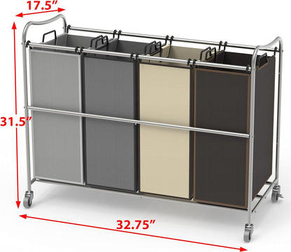 Simple Houseware 4-Bag Heavy Duty Laundry Sorter Rolling Cart, Dark Grey | Removable Bags and Lockable Wheels for Laundry Room Organization