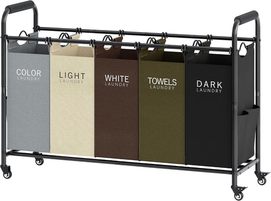 5 Bag Laundry Sorter Cart, Laundry Hamper 5 Section, 5 Colors | Rolling Laundry Basket with Heavy Duty Lockable Wheels and Removable Bags, Large Clothes Hamper for Laundry Room, Bedroom