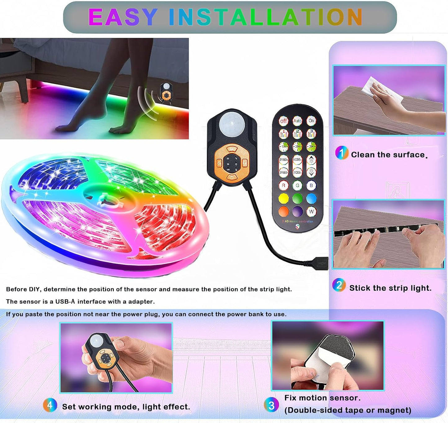 LED Strip Light Motion Sensor Under Bed Lights 9.84FT RGB,Remote/APP Control,Dimmable,Music Sync,Auto-Off Timer,Motion Activated Led TV Night Light for Bed Stair Cabinet Party Computer Desk