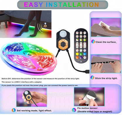 LED Strip Light Motion Sensor Under Bed Lights 9.84FT RGB,Remote/APP Control,Dimmable,Music Sync,Auto-Off Timer,Motion Activated Led TV Night Light for Bed Stair Cabinet Party Computer Desk