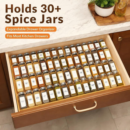 Bamboo Spice Drawer Organizer Expandable(Fits 2.6" Deep or Deeper Drawers), 4-Tier Spice Rack Drawer Insert for Kitchen Cabinets(12" - 22" Width),Adjustable Seasoning Storage Insert(Jars Not Included)