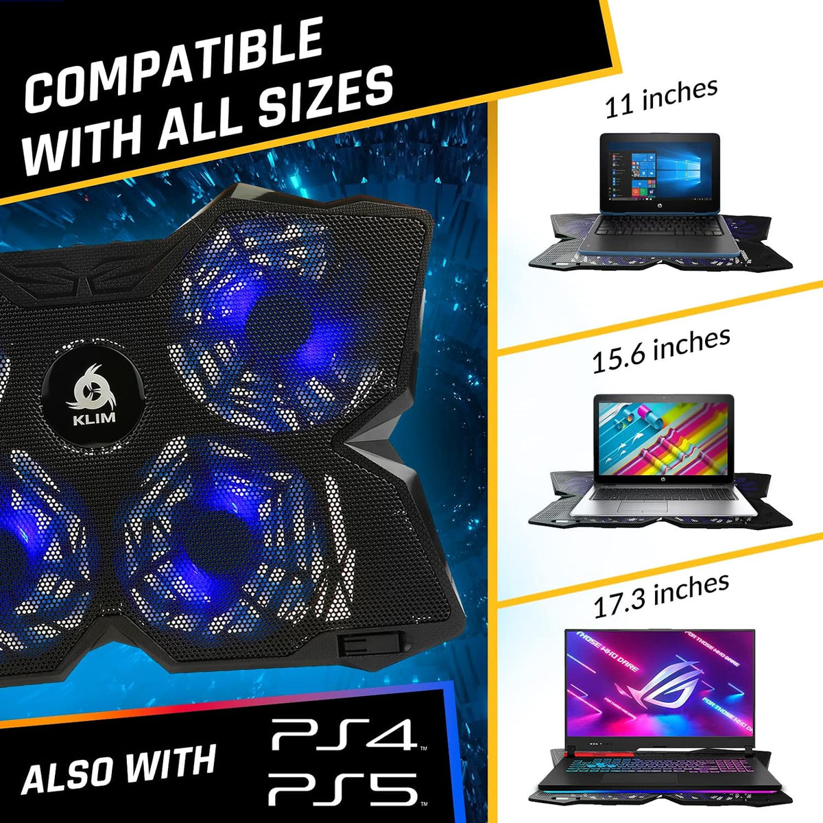 KLIM Wind Laptop Cooling Pad - More Than 500 000 Units Sold - New Version - The Most Powerful Rapid Action Cooling Fan - Laptop Stand with 4 Cooling Fans at 1200 RPM - USB Fan - PS5 PS4 - RGB