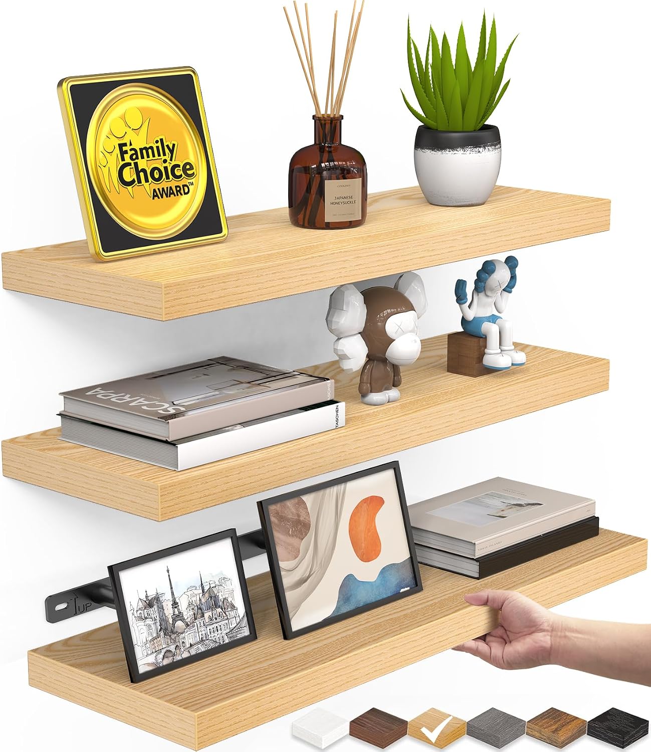 BAYKA Rustic Brown Floating Shelves 22.5in, Set of 2, Wall Mount Wood Shelf | Easy Install, 22lbs Max Load, Hidden Bracket, for Bathroom Bedroom Living Room or Kitchen, Hanging Shelf Book Decor Storage