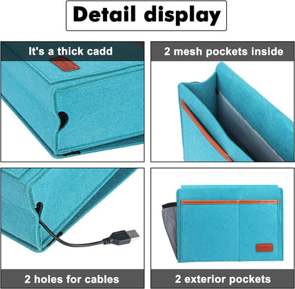 Bedside Caddy, Felt Bed Storage Organizer Hanging Bag Holder with 5 Pockets, Magazine Book Phone Tablet iPad Cables Remote and Water Bottle Holder for Home Dorm Bed Sofa, Light Gray