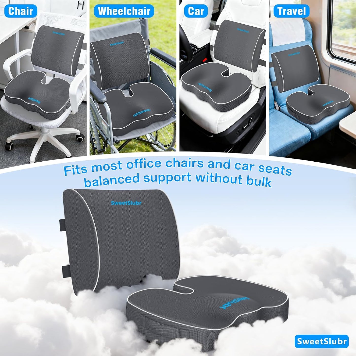 SweetSlubr Memory Foam Seat Cushion & Lumbar Support Pillow Set Black Large | U-shaped Cushion Design, Washable Mesh Cover, Adjustable Straps, Non-slip Base, Office Chair and Car Seat Use