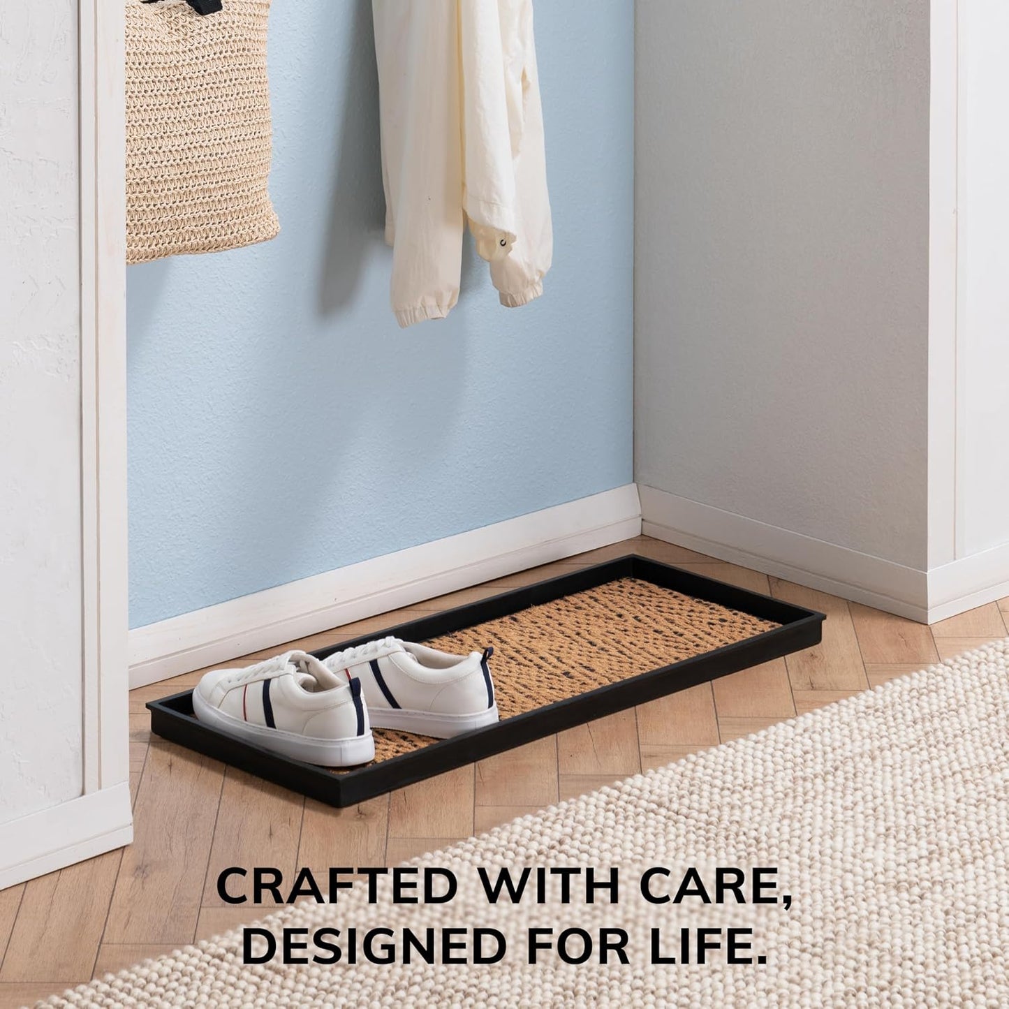 Anji Mountain Heavy Duty Waterproof Rubber Shoe Storage Mat Organizer/Boot Storage Tray Multi Use For Entryway with Coir, Tan Insert, Fits 2 Pair (24.5" Wide)