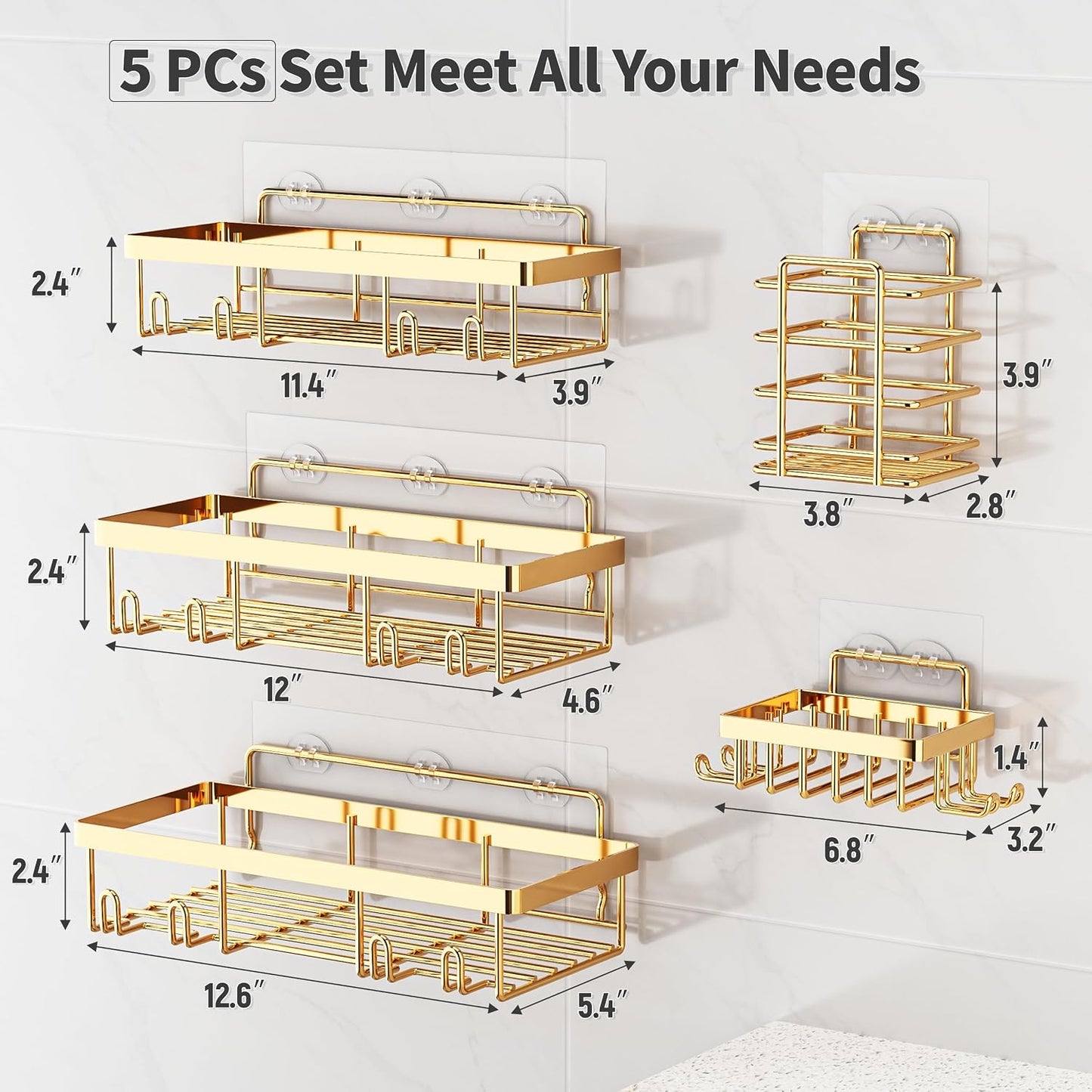Liuoud 5 Pack Shower Caddy for Inside Shower, Gold Bathroom Storage Decor | Large Rustproof Stainless Steel Organizer with Strong Adhesive, No Drilling Wall Mounted Shelves, Bathroom Accessory Set