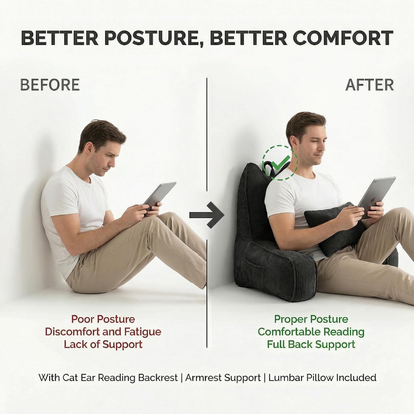 Patented Design Reading Pillow with Arms for Sitting Up, 2-in-1 Bed Rest Pillow with Detachable Lumbar Support, Backrest Support Cushion for Couch with Side Pockets & Handle, Beige Gray