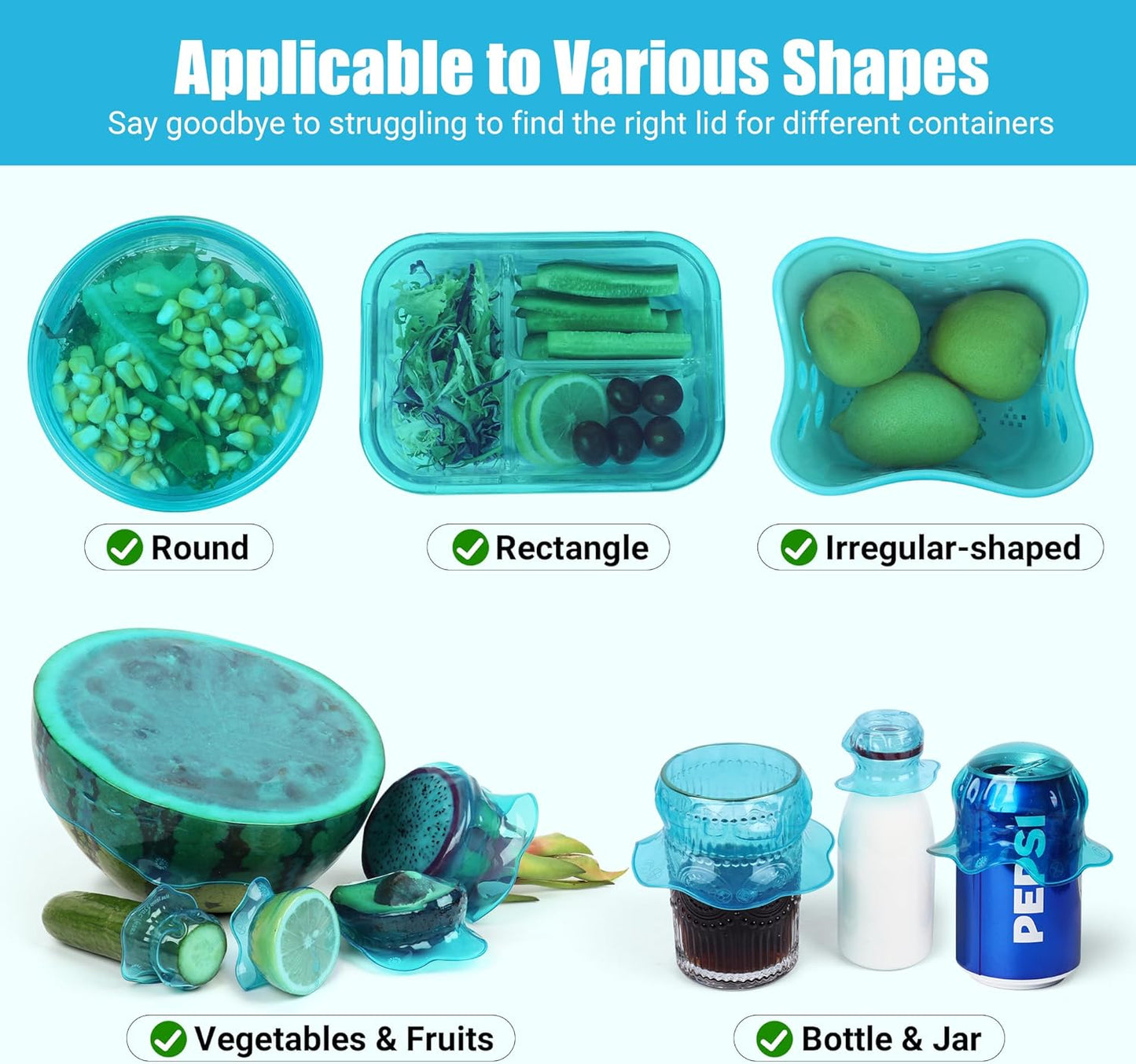 Silicone Stretch Lids for Food Storage in Fridge, Reusable Elastic Bowl Covers for Cup, Cans, Jars, Round & Rectangle Container, Food Grade Silicone Microwave Food Cover, Heat-Resistant, 6PCS