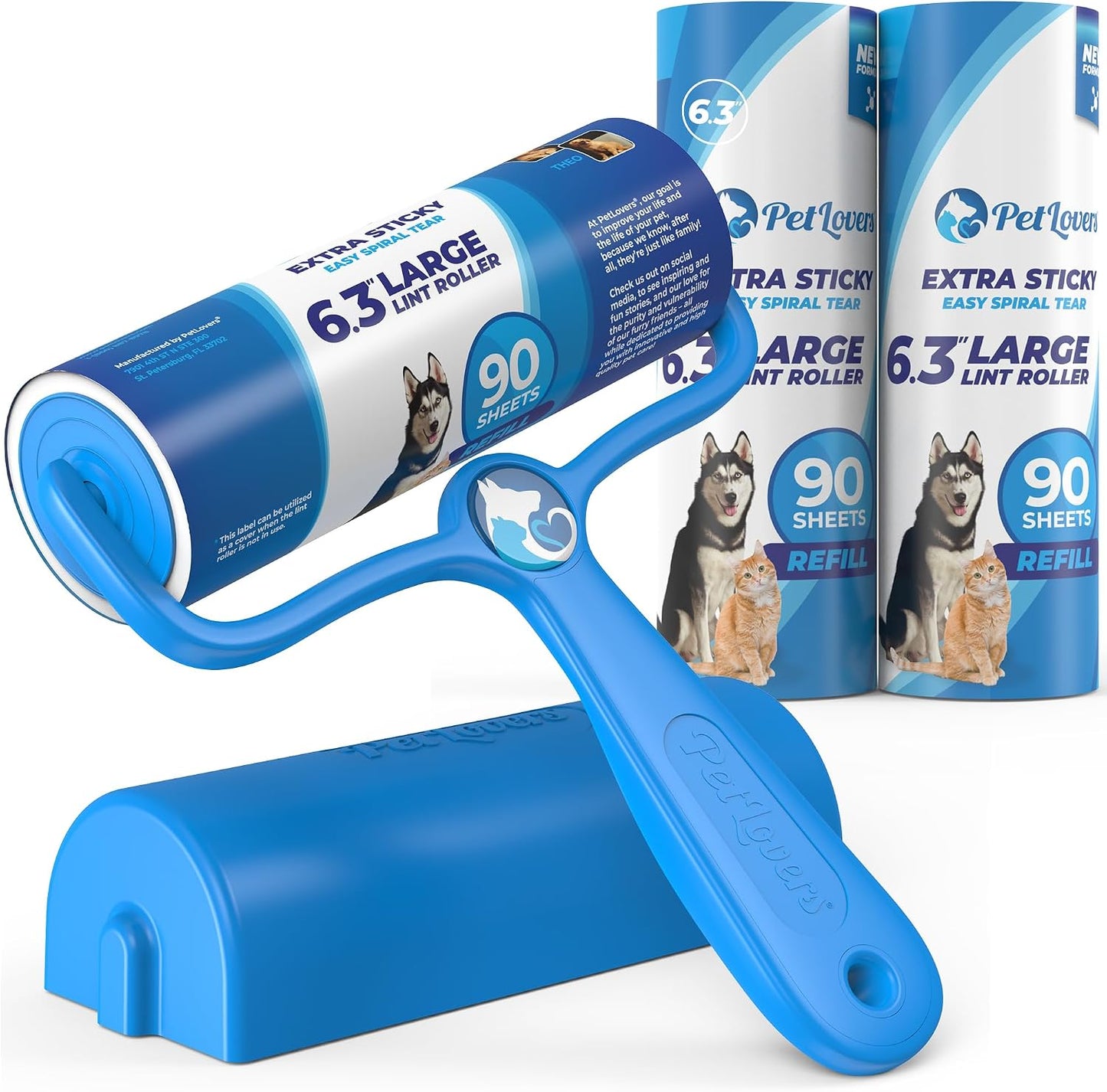 PetLovers Extra Sticky Lint Roller Mega Value Set 450 Sheets for Pet Hair Removal and Clothes, Dog and Cat Lint Remover 5 Pack