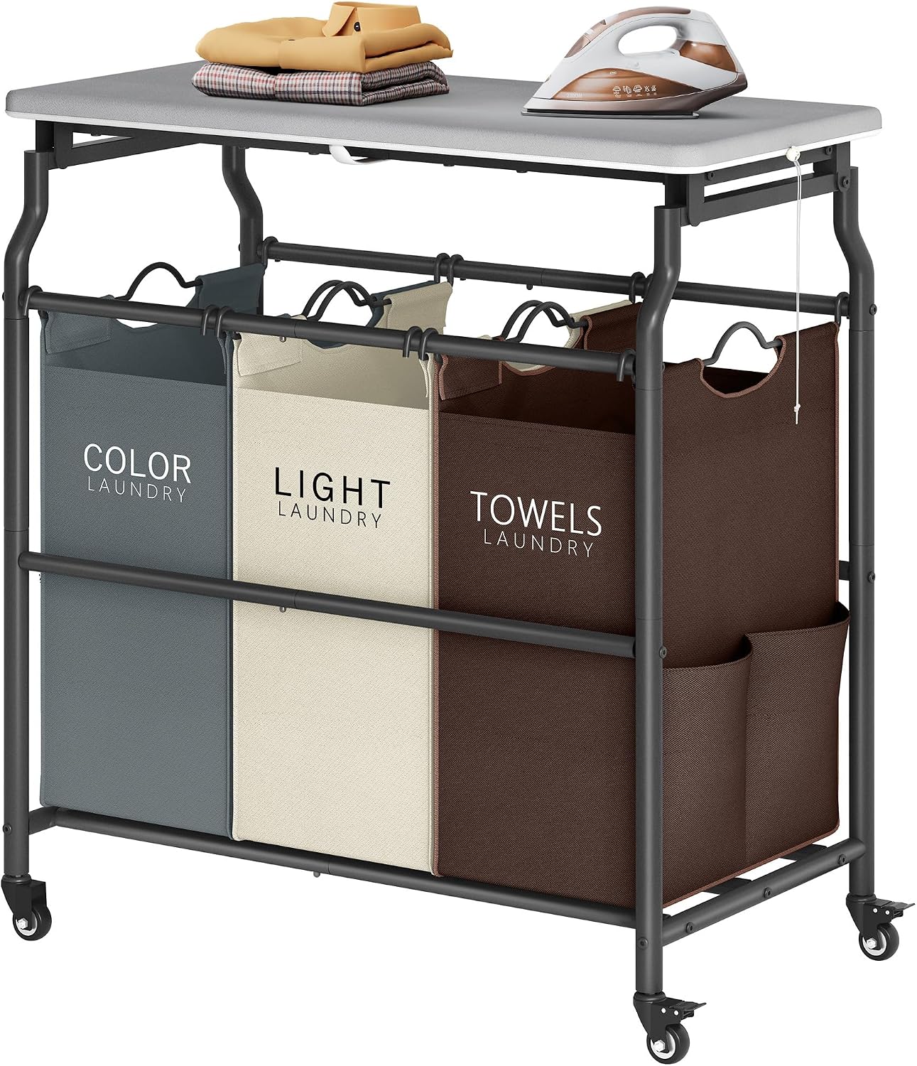 Hoctieon 3 Section Laundry Sorter with Iorning Board, Laundry Hamper, Black | Lockable Wheels, Laundry Basket Organizer with Wheels, Heavy Duty Clothes Organizer, Large Clothes Separator, Removable Bags