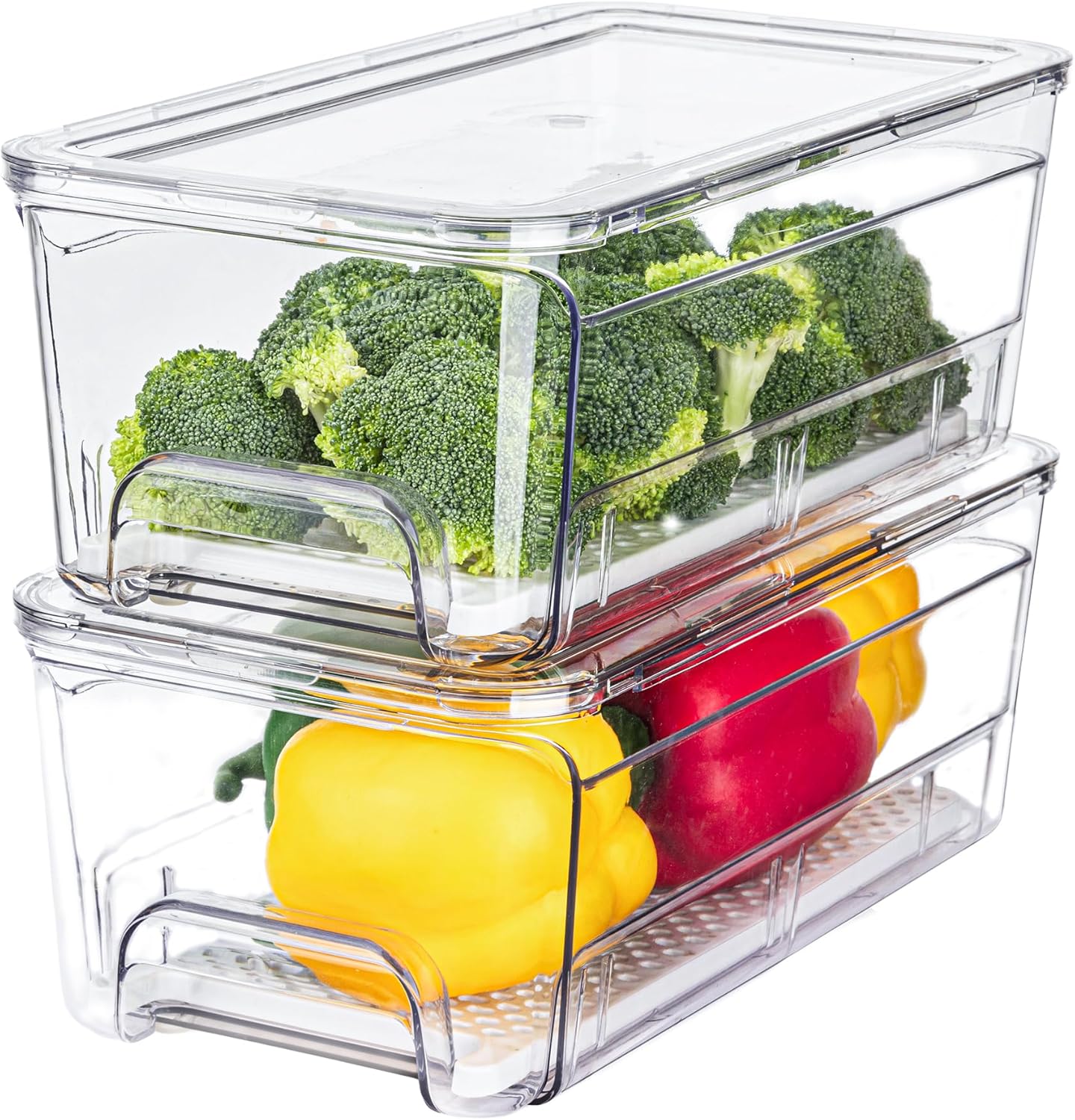 4-Pack Refrigerator Drawer Organizer Bins, Clear Stackable Pull Out Fridge Organizers and Storage Container, with Strainer Layer for Fruits, Vegetables, Drinks, Snack and Food