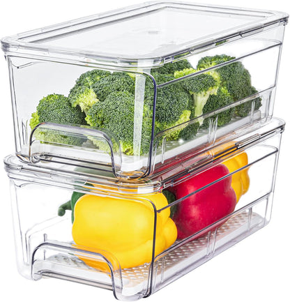 4-Pack Refrigerator Drawer Organizer Bins, Clear Stackable Pull Out Fridge Organizers and Storage Container, with Strainer Layer for Fruits, Vegetables, Drinks, Snack and Food