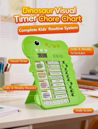 Dinosaur Visual Timer for Kids with Digital Timer & Schedule Board | Summer Chore Chart, Homeschool Teacher Supplies, Daily/Bedtime/Morning First Then Routine, For Toddlers with Autism ADHD