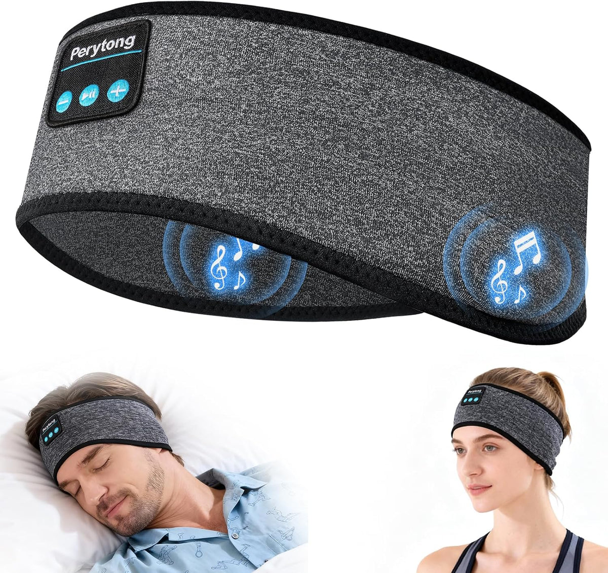 Perytong Sleep Headphones Bluetooth 5.4 Headband, Wireless Sleep Headphones with Ultra-Thin HD Stereo Speakers for Side Sleepers, Soft & Sweat Resistant Sport Headband for Yoga Travel Workout