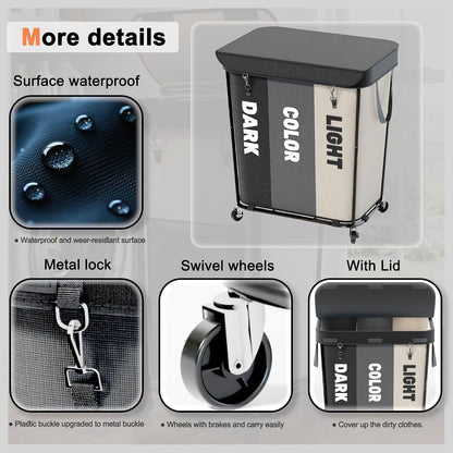 Laundry Sorter with Wheels 240L Rolling Laundry Cart,3 Compartment Designed Removable Laundry Bag for Daily Use in Bathrooms and Laundry Rooms (Brown, 240L)
