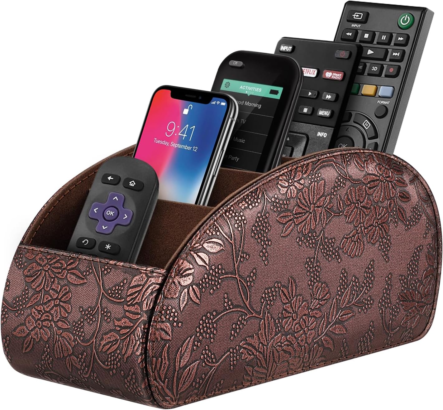 SITHON Remote Control Holder with 5 Compartments | PU Leather Remote Caddy Desktop Organizer Store TV, DVD, Blu-Ray, Media Player, Heater Controllers, Stripe Black