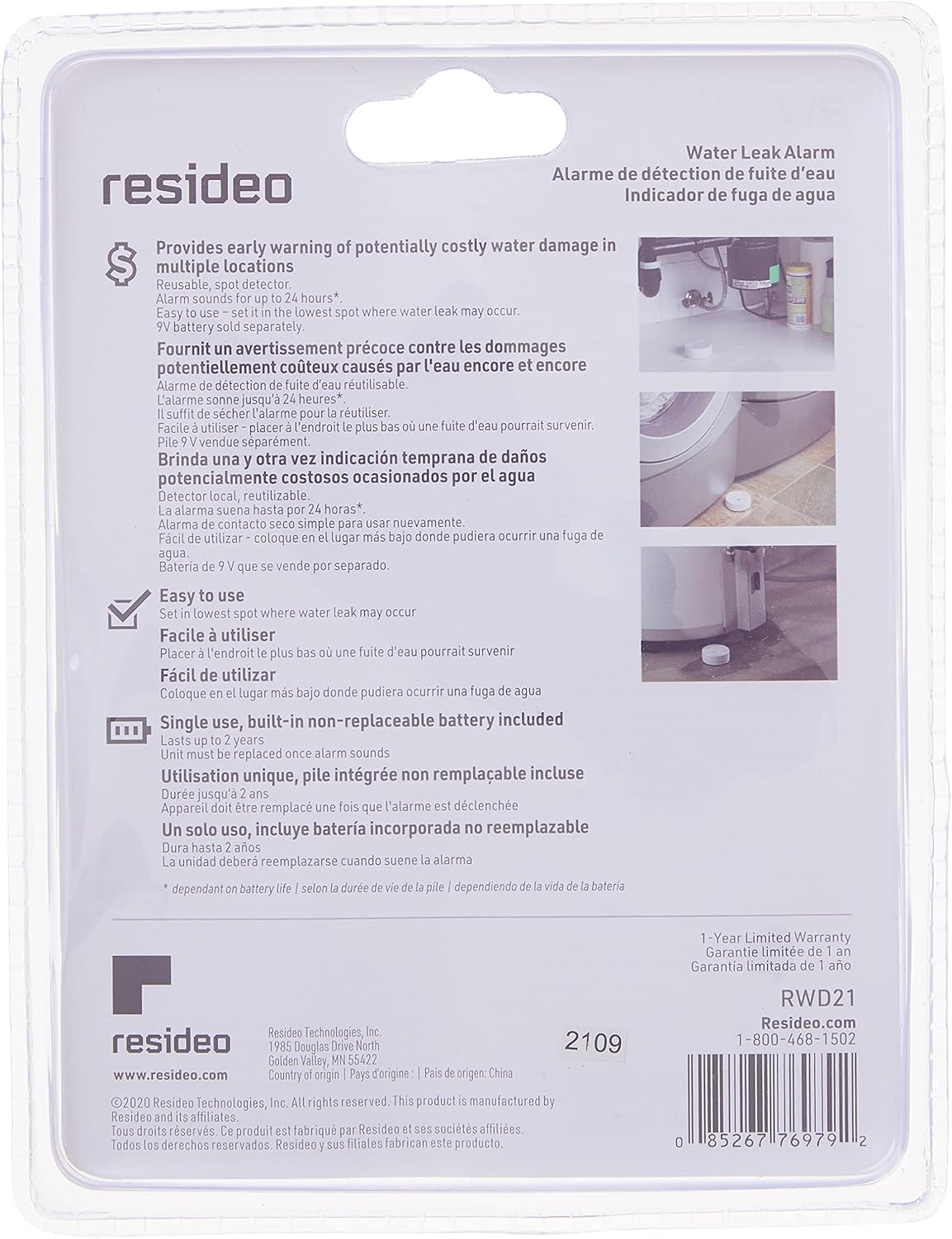 Resideo RWD21 Reusable Water Leak Alarm,White