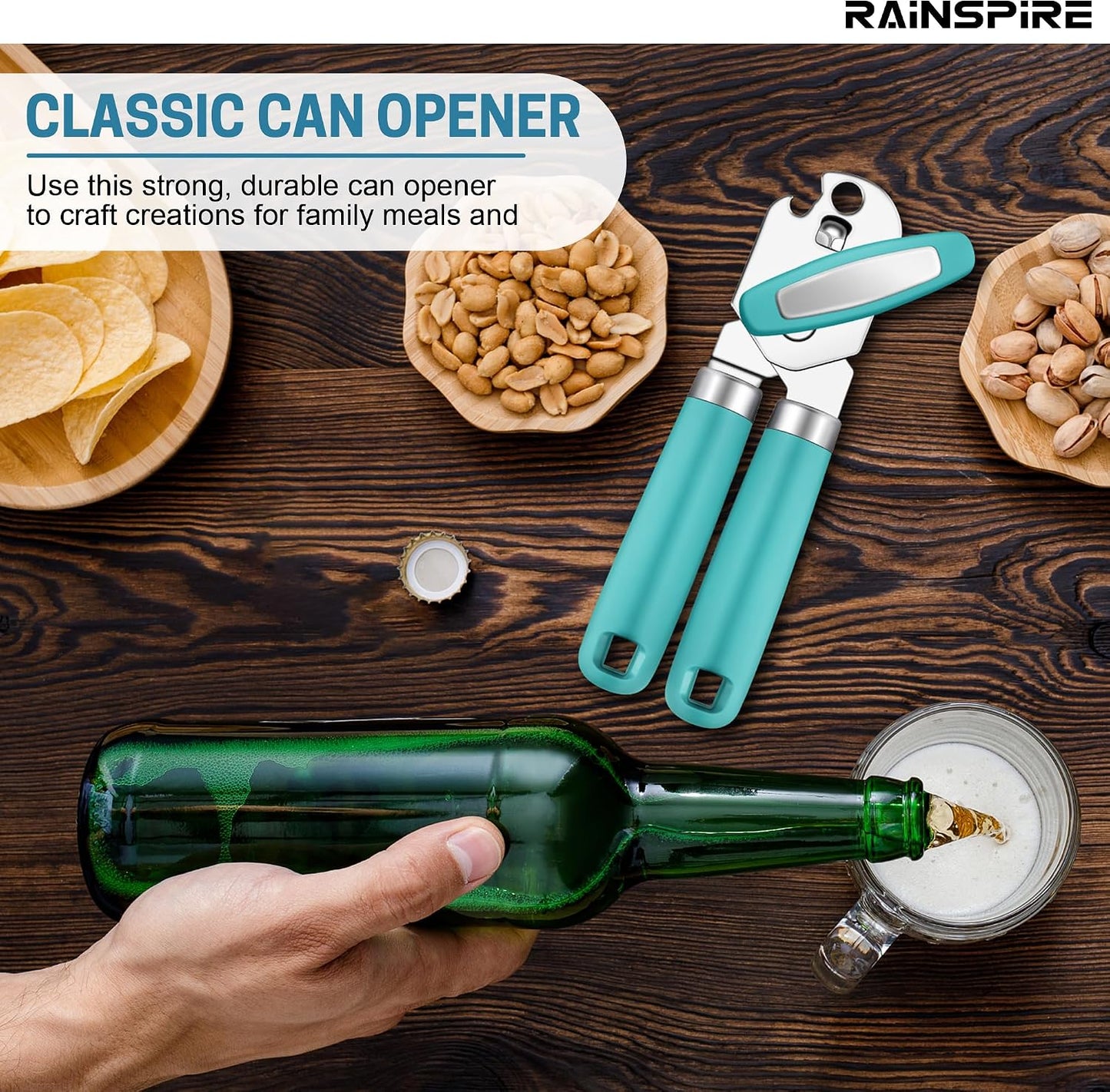 Rainspire Can Opener Manual Handheld Strong Manual Can Opener Smooth Edge Cut, Can Opener Heavy Duty, Comfortable Soft Handle, Built-in Bottle Opener, Turquoise