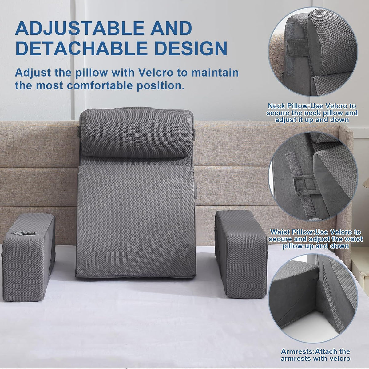 Reading Pillow for Sitting in Bed Adult, Back Pillow for Bed Sitting up with Arms, Pockets and Cup holder, Sit Up Backrest Pillows for Beds Chair Support, Rest Pillow for Gaming (Light gray)