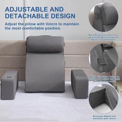 Reading Pillow for Sitting in Bed Adult, Back Pillow for Bed Sitting up with Arms, Pockets and Cup holder, Sit Up Backrest Pillows for Beds Chair Support, Rest Pillow for Gaming (Light gray)
