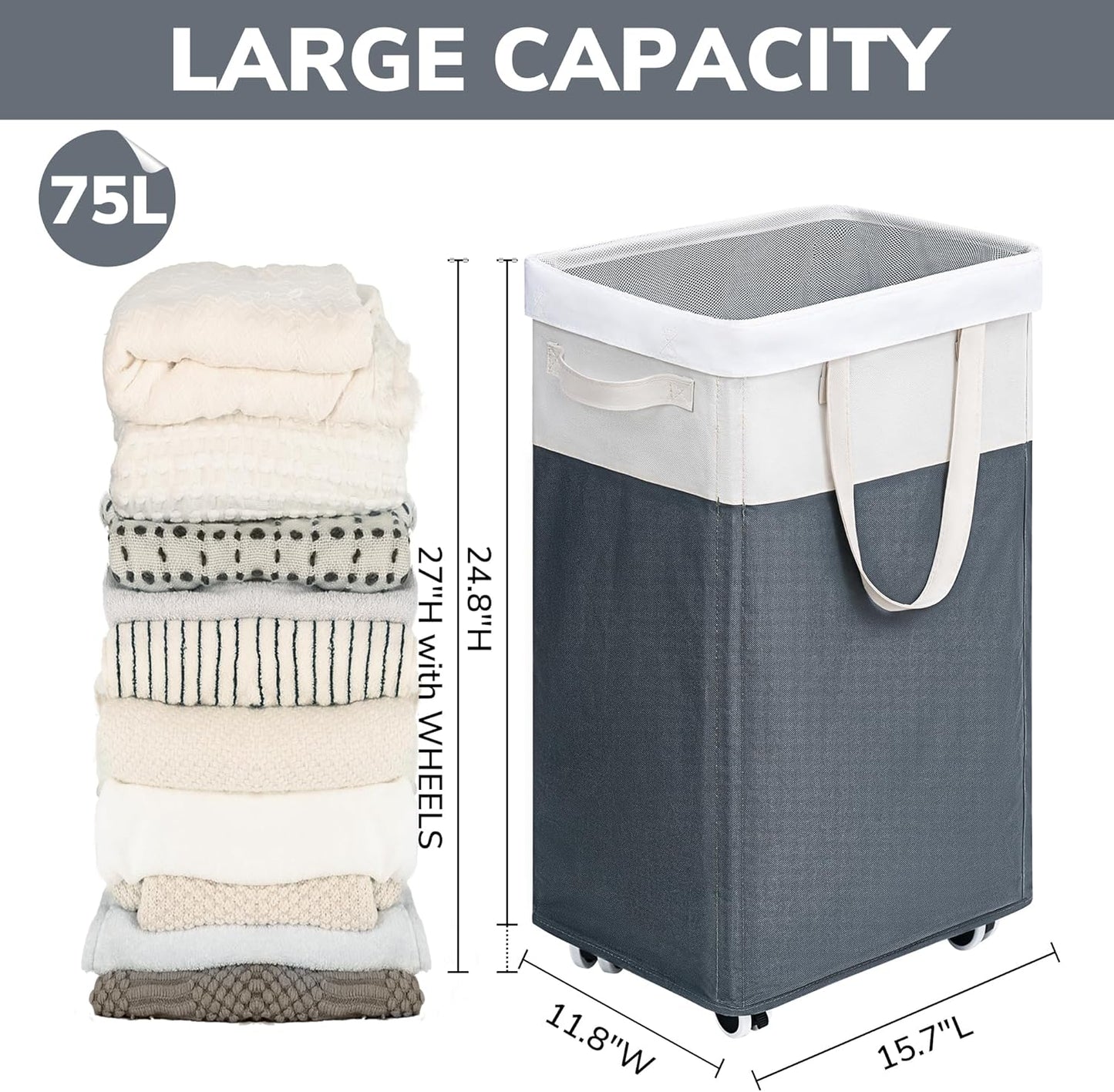 Goodpick 75L Laundry Basket with Wheels & Removable Wash Bag for Dorm | Rolling Laundry Basket with Handles for Dirty Clothes, Fodable Hamper for Laundry Room, Dorm Room Essentials, Grey