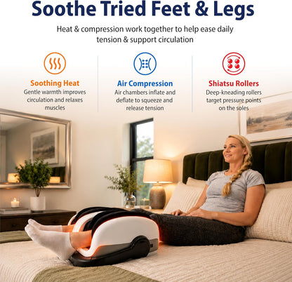 Shiatsu Foot Massager with Heat, Standard Size, White | Deep Kneading & Compression, Adjustable Intensity, Multi-Mode Leg and Foot Massager with Remote Control, Anti-Slip Base