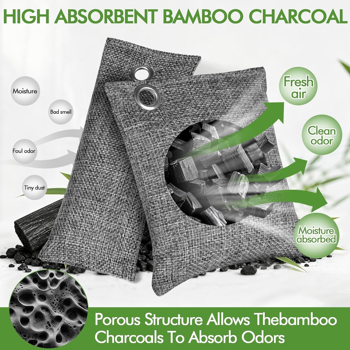 20 Pack Activated Charcoal Odor Absorber, Bamboo Charcoal Air Purifying Bag, Odor Deodorizer and Eliminator for Cars,Shoes, Closets, Pets,Refrigerators, and More (10x100g Large + 10x50g +10 Hooks)