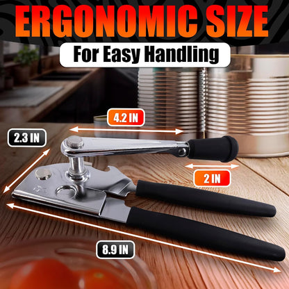 Heavy Duty Commercial Can Opener – Stainless Steel Can Opener for Large & Small Cans, Manual 360° Smooth Crank with Ergonomic Long Handles, Non-Slip Grip, 2-in-1 Bottle Opener for Restaurants & Home