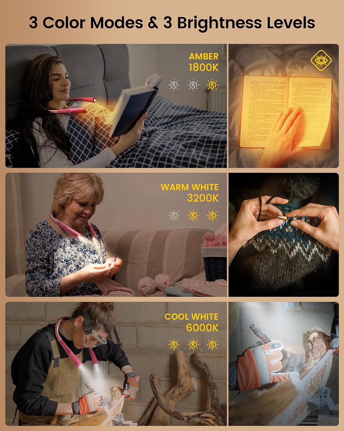 Glocusent Upgraded LED Neck Reading Light, Book Light for Reading in Bed | 30-min Timer, 3 Colors & 3 Brightness, Rechargeable, Eye-Caring Perfect for Women, Knitting,Crocheting, Repairing,Christmas