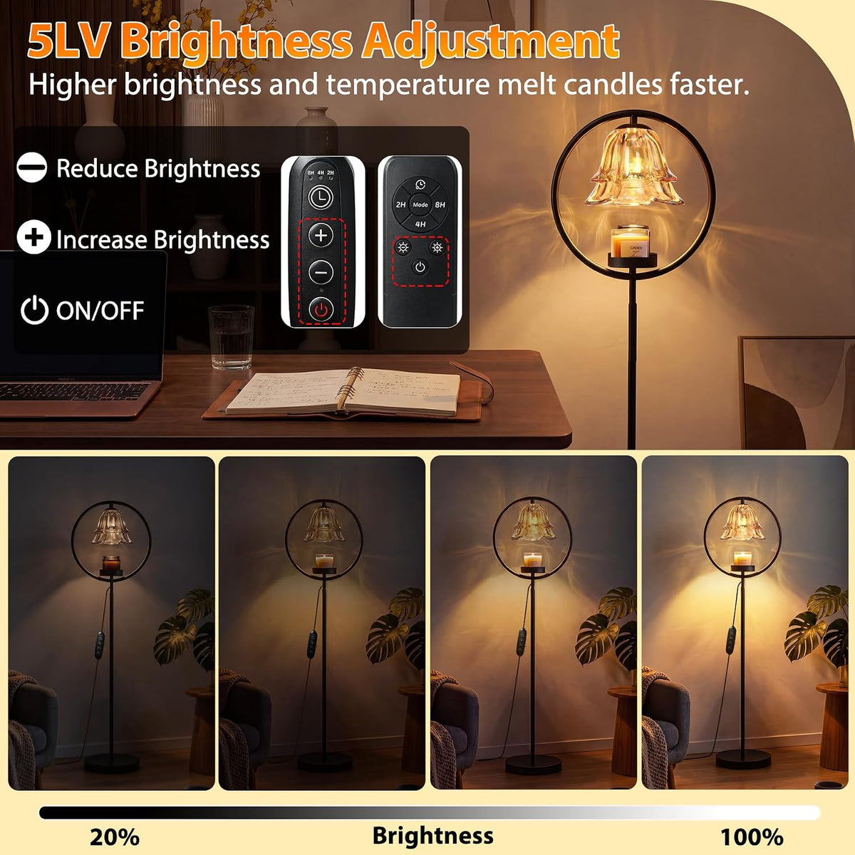 Candle Warmer Lamp with Timer & Dimmer, Black Candle Warmer Light for Jar Candles, Birthday Gifts for Women Mom Her, 50W Candle Floor Lamp for Wax Melt Warmer Modern Room Decor Light for Home(2 Bulbs)