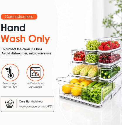 SMRCAD Clear Fridge Bins with Drain Trays - BPA-Free PET, Stackable(6 Pack) | 6 Pack: 1 Drawer + 5 lidded Bins, Helps Keep Produce Fresh, 16.3L Capacity, Hand Wash Only