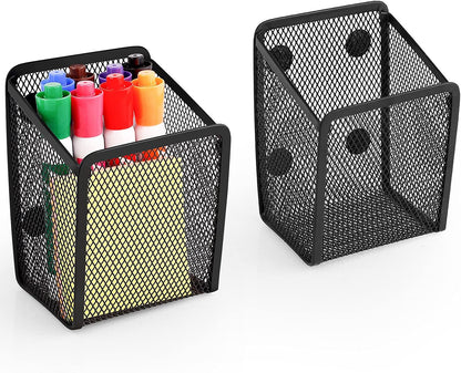 Magnetic Pencil Holder Whiteboard Pen Holder Locker Accessories (2-Slot*1) | Locker Organizer, Desk Organizer, Teacher Supplies, Mesh Basket, Strong Magnets, Black, For Fridge School Office Home