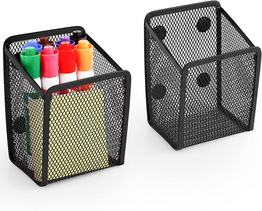 Magnetic Pencil Holder Whiteboard Pen Holder Locker Accessories (2-Slot*1) | Locker Organizer, Desk Organizer, Teacher Supplies, Mesh Basket, Strong Magnets, Black, For Fridge School Office Home