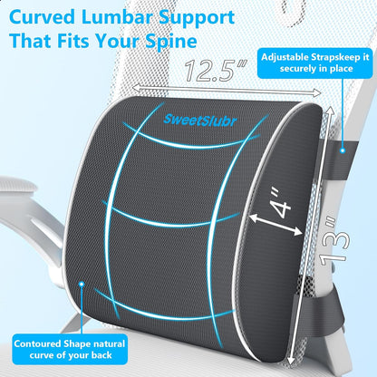 SweetSlubr Memory Foam Seat Cushion & Lumbar Support Pillow Set Black Large | U-shaped Cushion Design, Washable Mesh Cover, Adjustable Straps, Non-slip Base, Office Chair and Car Seat Use