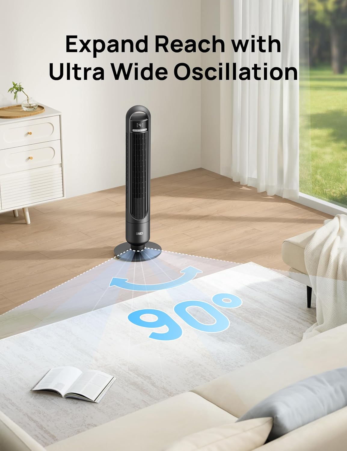 DREO Tower Fan for Bedroom, 26ft/s Velocity, 90° Oscillating, 8H Timer