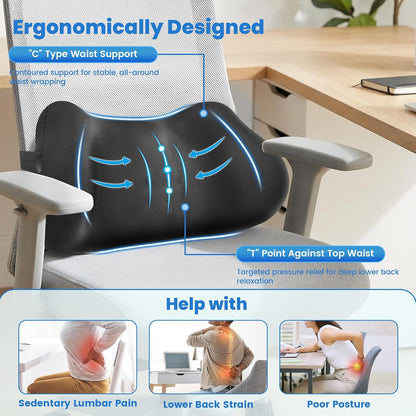Lumbar Support Pillow, Memory Foam Back Cushion for Office Chair Car, Black | Ergonomic Lower Back Support with Adjustable Strap, Breathable Removable Cover for Couch, Wheelchair and Daily Comfort