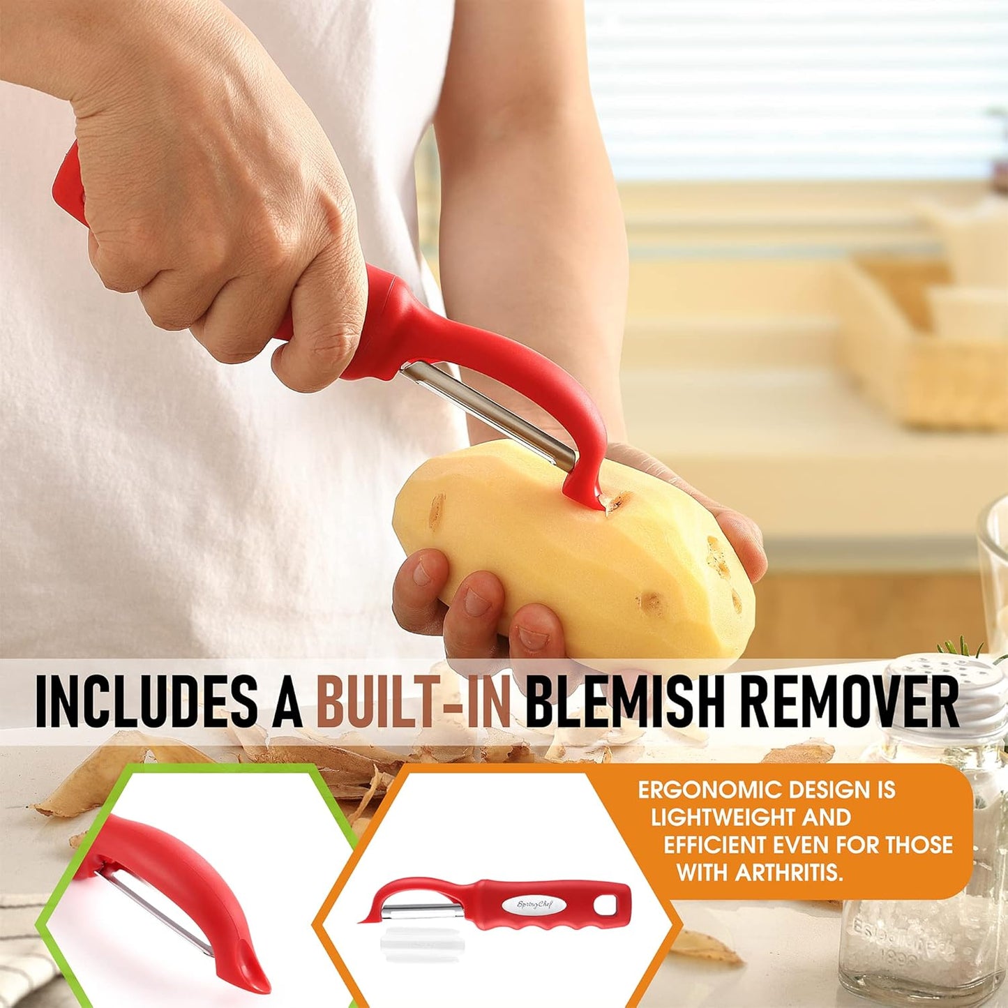 Spring Chef Swivel Potato Peeler for Kitchen w/ Soft Grip Handle, Mango | Premium Vegetable Peeler w/ Sharp Stainless Steel Blades, Multifunctional Food Peeler for Apple, Carrot, Cucumber, Fruit
