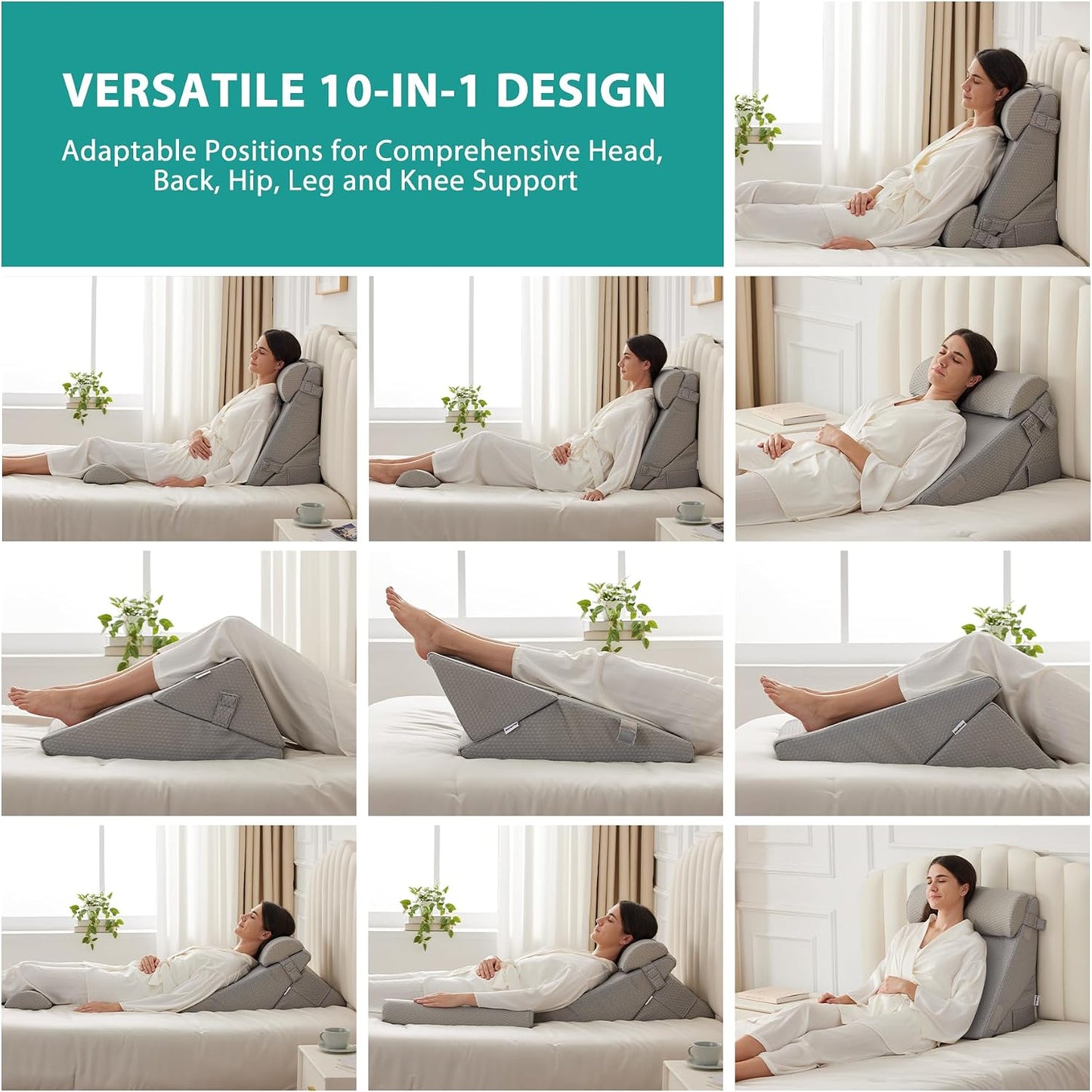 Bedluxe Wedge Pillow Headboard, 3PCS Orthopedic Bed Wedge Pillows Set for After Surgery, Adjustable Pillow Wedge for Acid Reflux&Back Pain Relief, Sleeping, Back Pillow for Bed Sitting Up, White/Grey