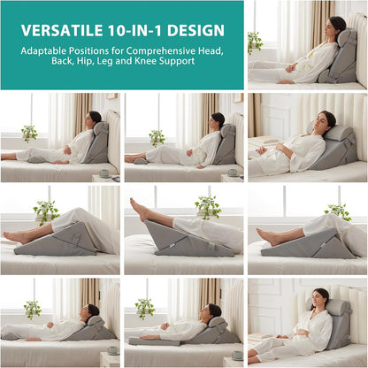 Bedluxe Wedge Pillow Headboard, 3PCS Orthopedic Bed Wedge Pillows Set for After Surgery, Adjustable Pillow Wedge for Acid Reflux&Back Pain Relief, Sleeping, Back Pillow for Bed Sitting Up, White/Grey