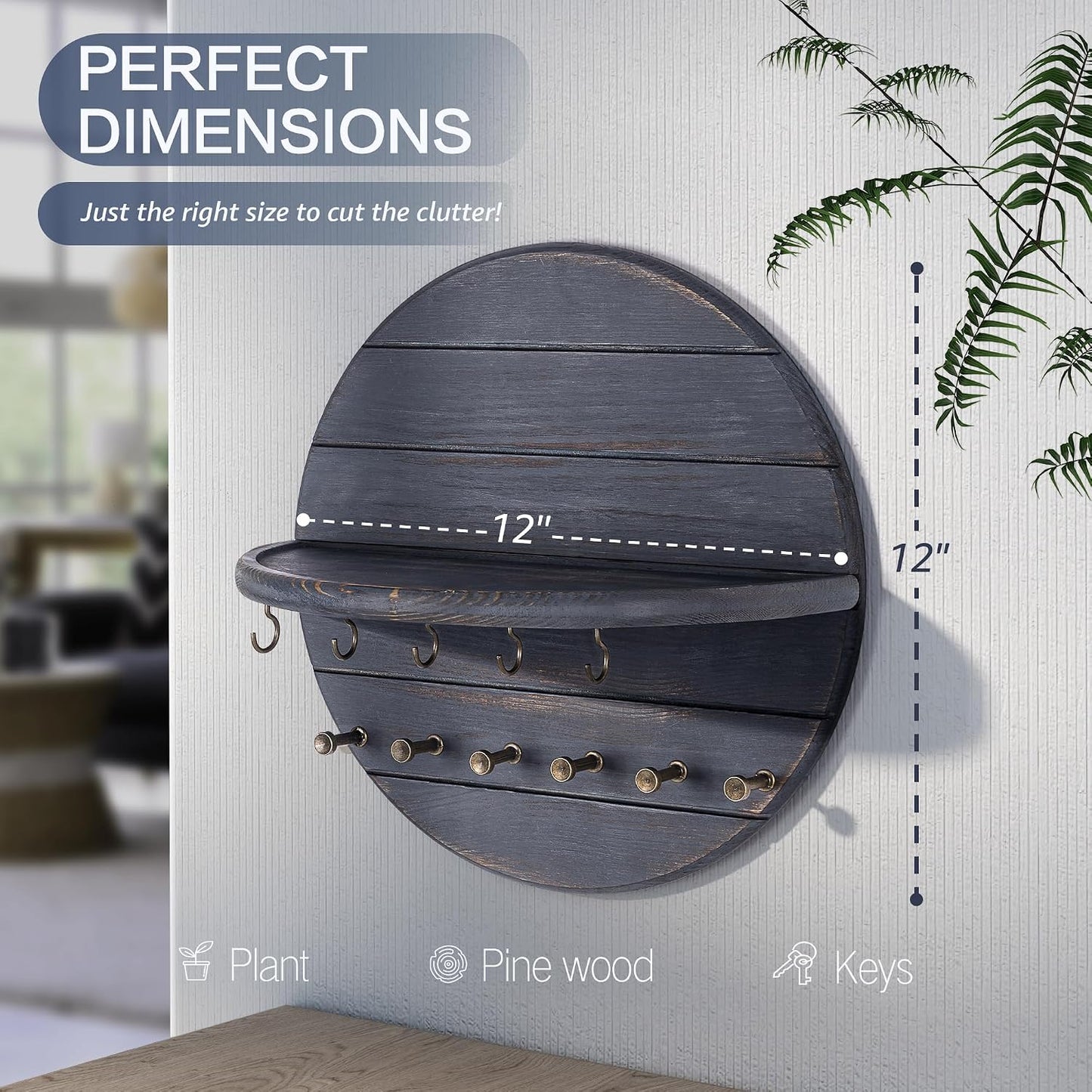 Rebee Vision Pine Wood Round Key Holder Wall Mount for Home Decor, Brown | Round Corner, Key Hooks for Dog leashes & Sunglasses, Display Shelf for Plant & Letters, Mail Organizer, Home Essentials