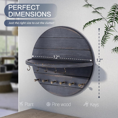 Rebee Vision Pine Wood Round Key Holder Wall Mount for Home Decor, Brown | Round Corner, Key Hooks for Dog leashes & Sunglasses, Display Shelf for Plant & Letters, Mail Organizer, Home Essentials