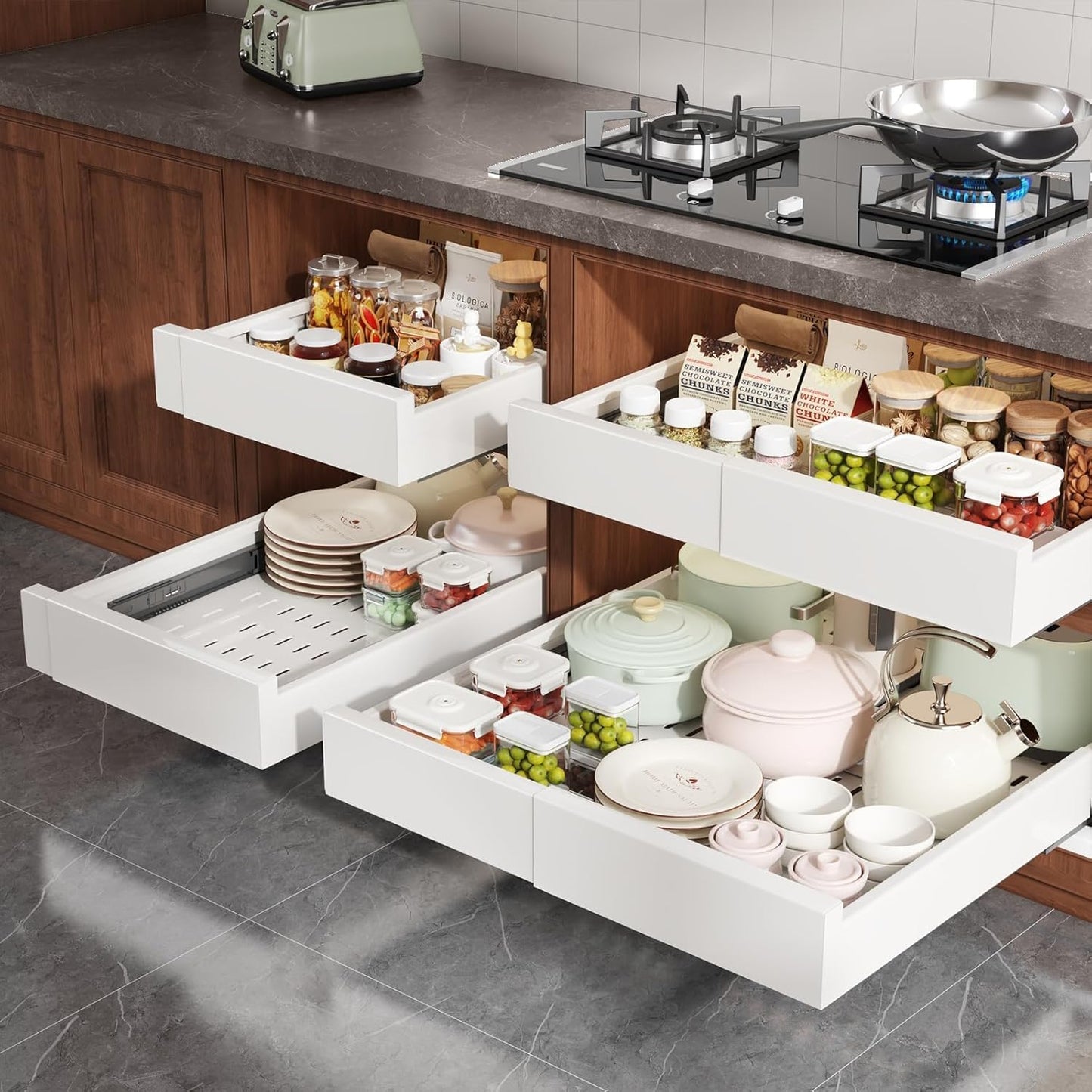 Seinloes Pull Out Cabinet Organizer,4-Side Expandable to Maximize Cabinet Space,Slide Out Drawers with 3 Rail Design,Roll Out Shelf with Raising Pad for Framed Cabinet,13"-21"W x 17"-24"D,White,2 Pack