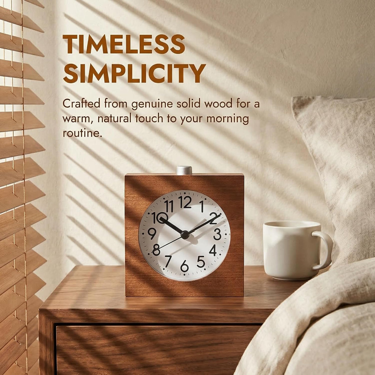 Wooden Analog Alarm Clock Silent Battery Operated with Night Light