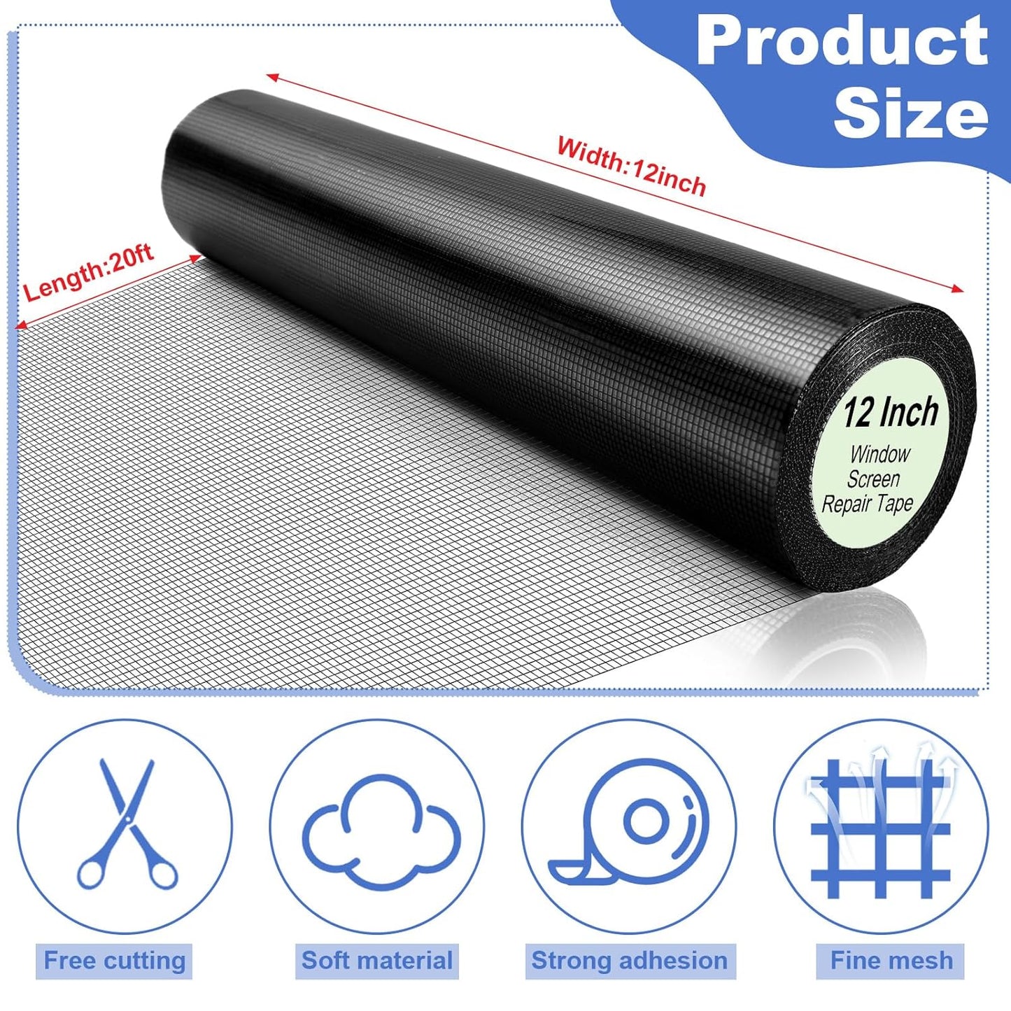 CroBlissful 5 Inch X 20 ft Extra Wide Window Screen Tape Mesh Repair, Gray | Strong Adhesive, Waterproof Fiberglass, Screen Repair Kit Patch, for Window Door Tears Holes