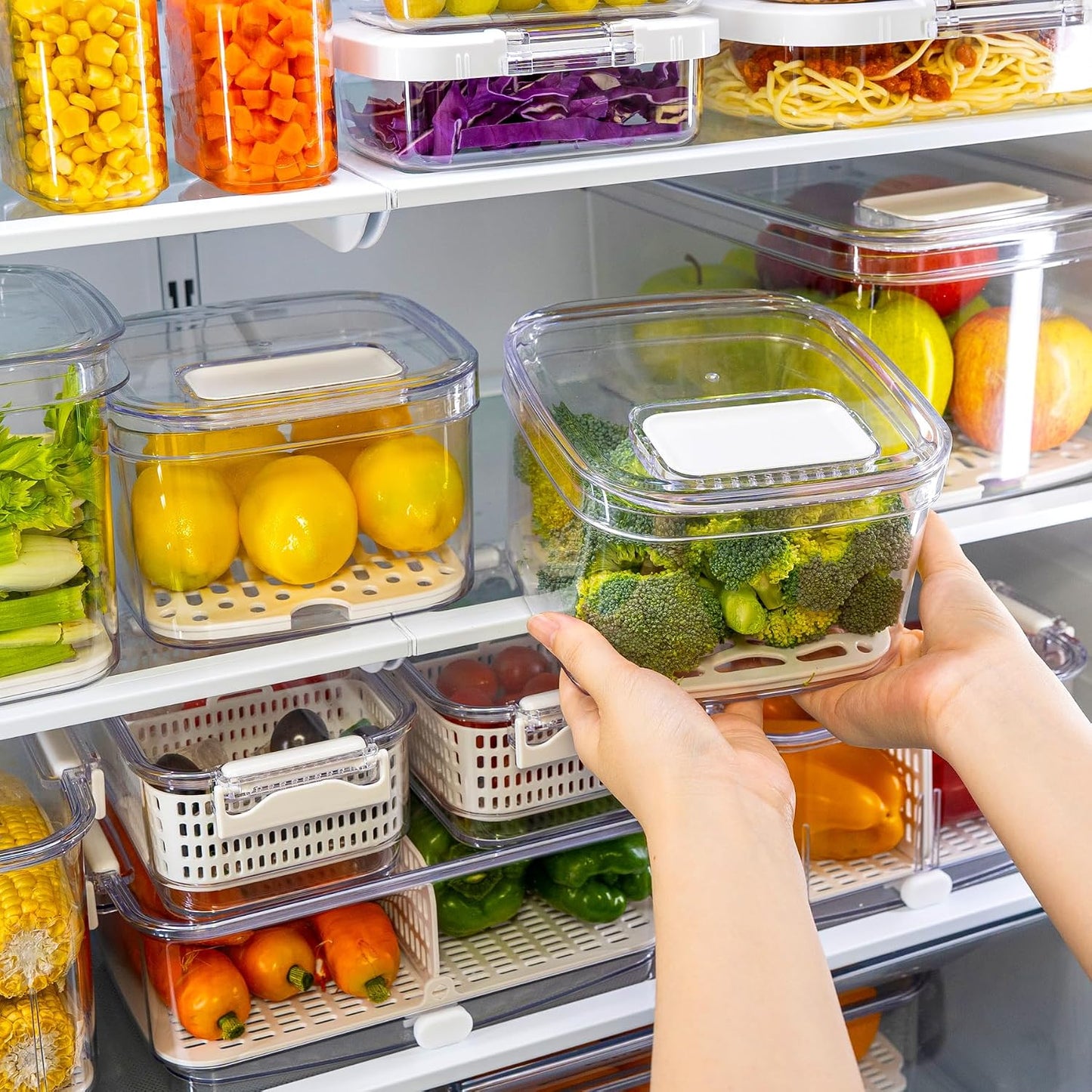 Felli Duo Fresh Produce Saver for Fridge, Fruit Vegetable Container with Vent & Drainage in Bottom for Wash, Colander Strainer Storage Bin for Refrigerator, Berry Lettuce Keeper